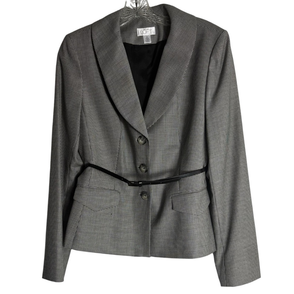 LOFT Wool Houndstooth Belted Blazer Black/White Size 8 —broken button on cuff - Picture 2 of 10